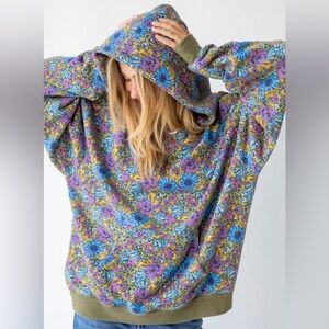 NWT NATURAL LIFE Floral Hooded Oversized Sweatshirt Blue Purple Daisy Size XS/S